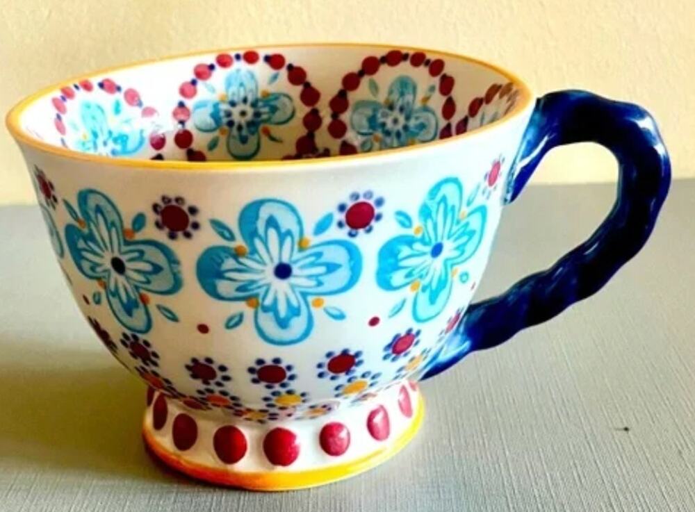 Anthropologie Elka Floral Twist Pedestal Cup Mug Floral Blue and Red Ceramic Mug